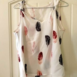 White tank w multi colored feathers w knots on shoulders!